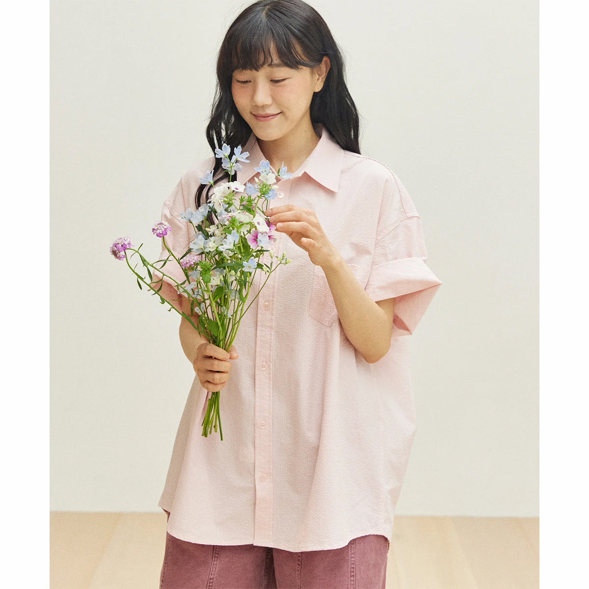 Kappy Design Relaxed Seersucker Half Shirt Light Pink