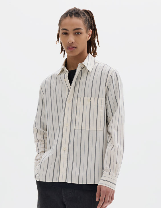 MHL Overall Shirt Japanese Wide Stripe Off White / Navy
