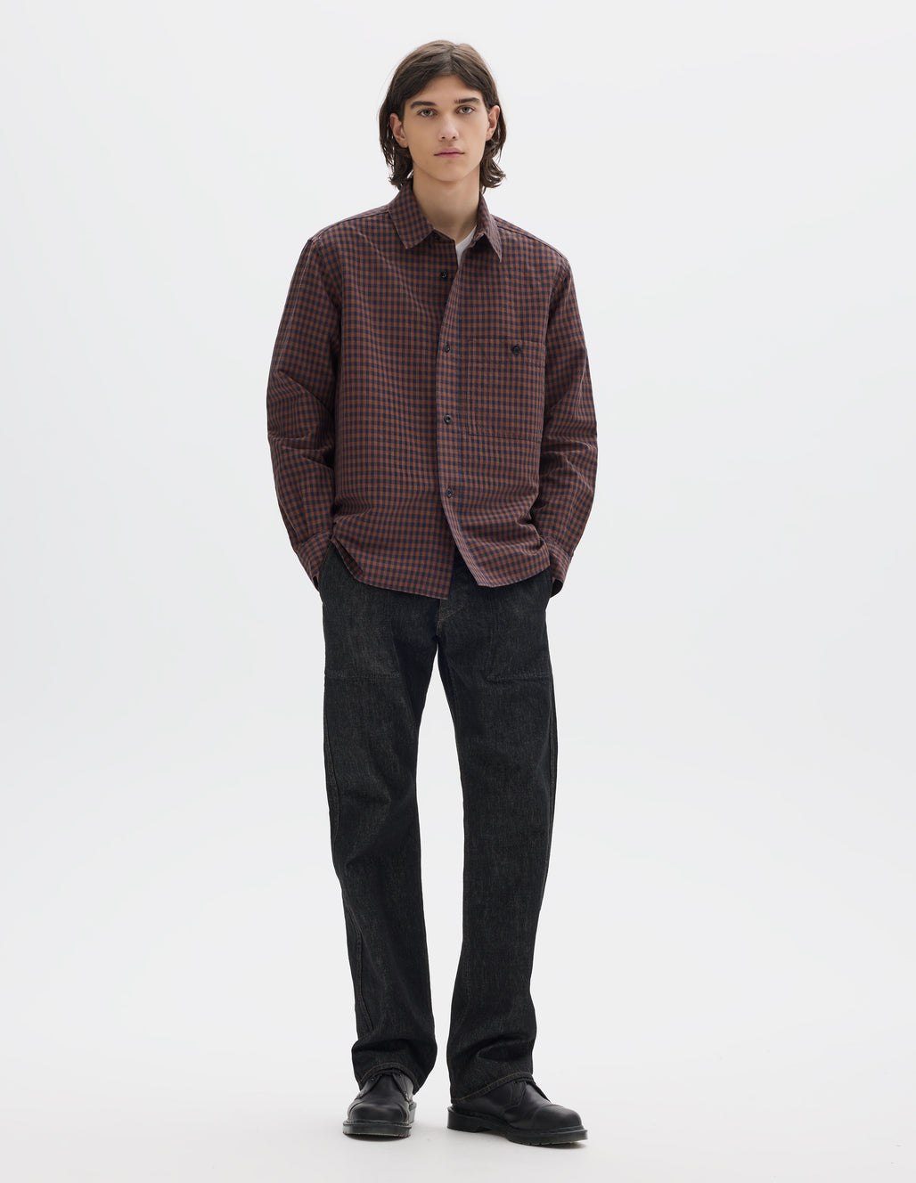 MHL Overall Shirt Irregular Cotton Linen Gingham  Chestnut / Ink