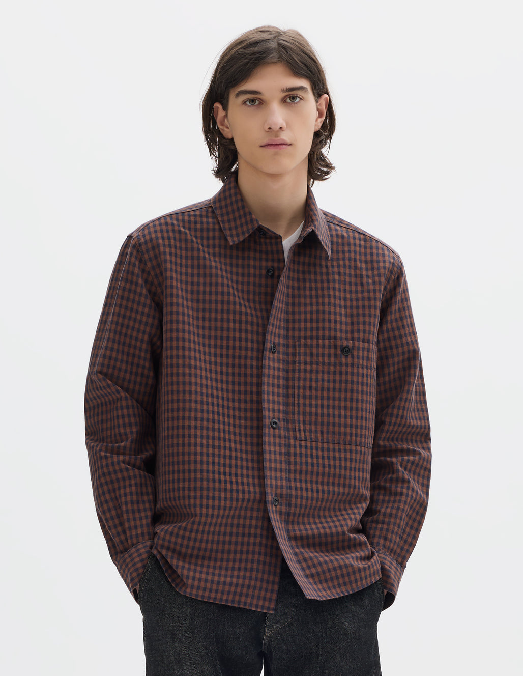 MHL Overall Shirt Irregular Cotton Linen Gingham  Chestnut / Ink