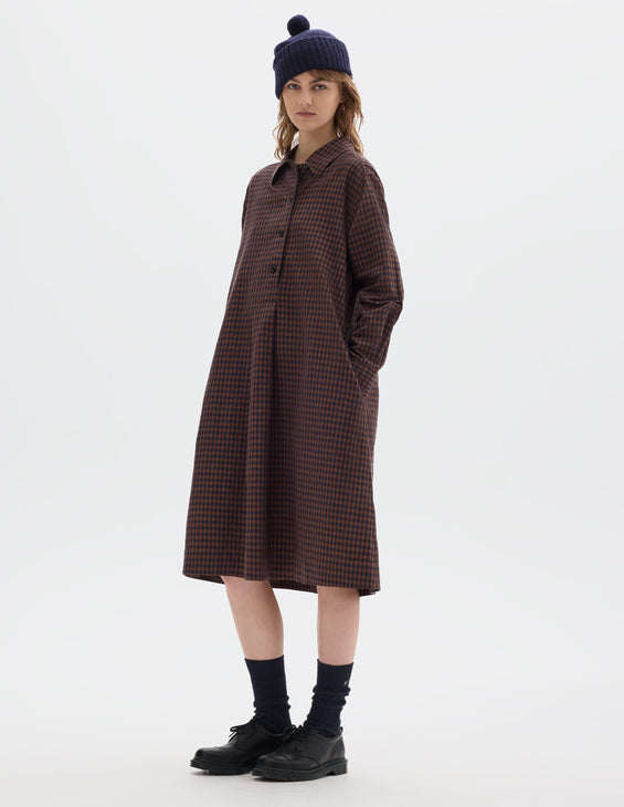 MHL W' Offset Placket  Linen Dress Gingham / Chestnut