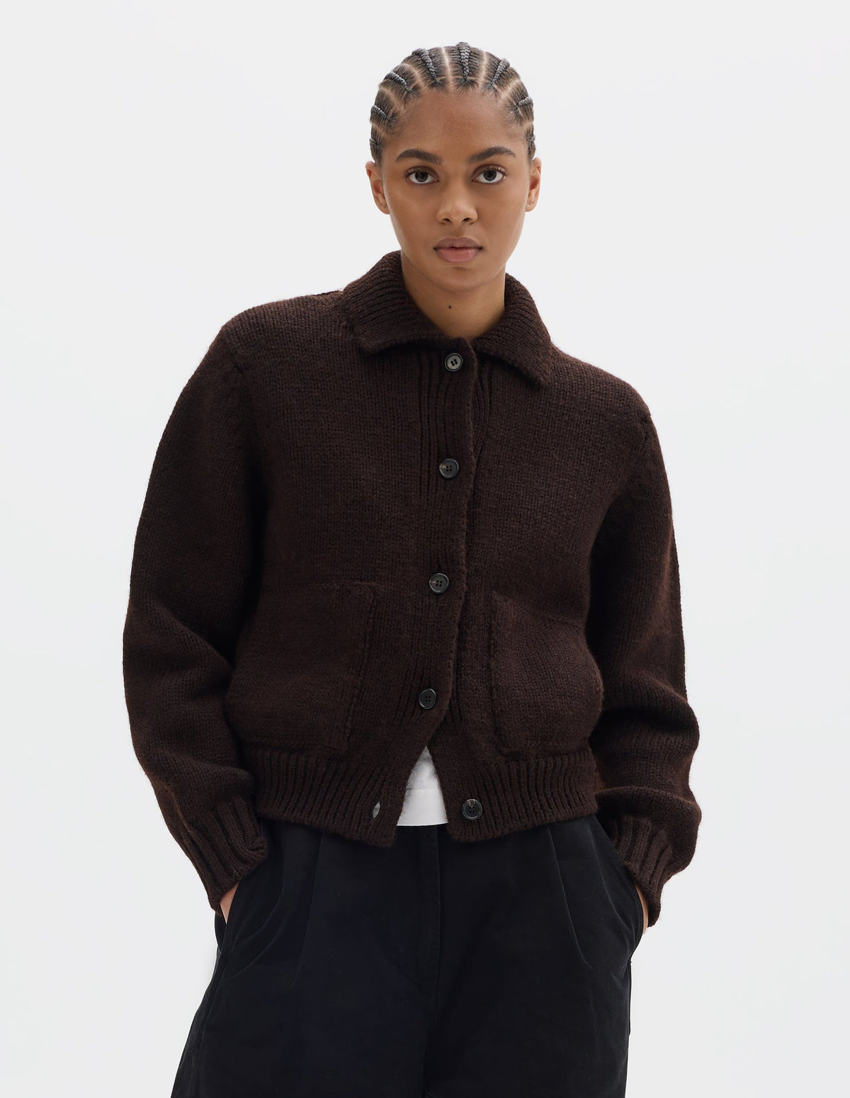 MHL W' Bomber Cardigan British Wool Dark Brown