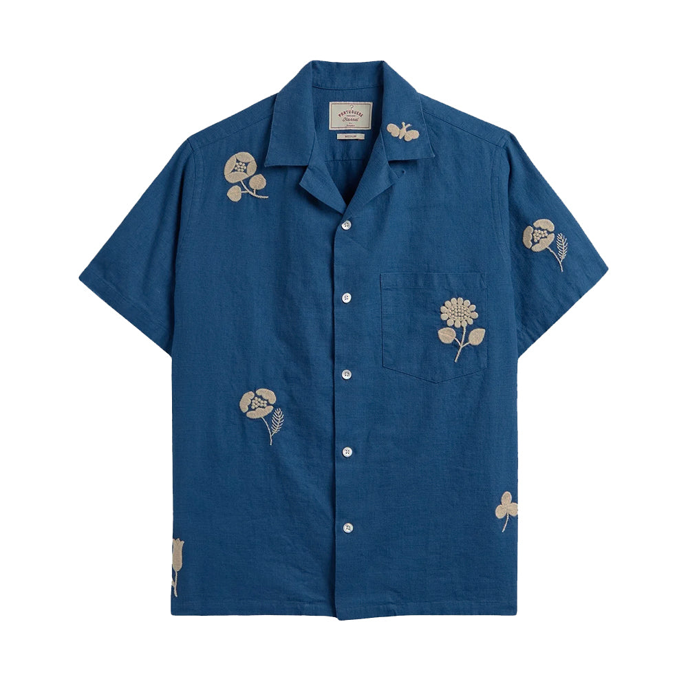 Portuguese Flannel SS Embroidery Nature Ramie Shirt Blue