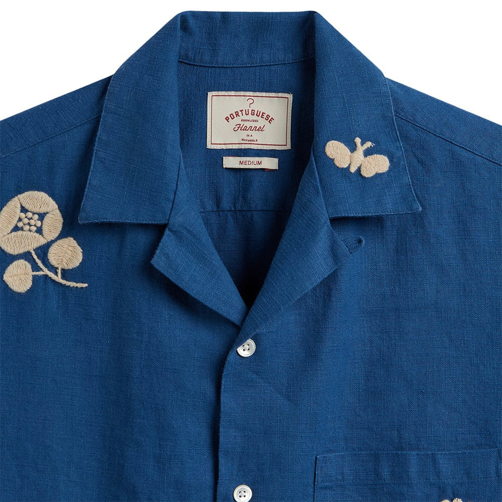 Portuguese Flannel SS Embroidery Nature Ramie Shirt Blue