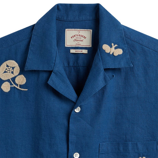 Portuguese Flannel SS Embroidery Nature Ramie Shirt Blue
