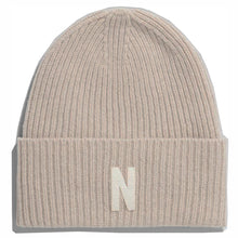 Load image into Gallery viewer, Norse Projects Merino Lambswool Rib N Logo Beanie Oatmeal
