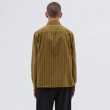 Load image into Gallery viewer, MHL Overall Shirt  Offset Cotton Stripe Light Olive / Off White
