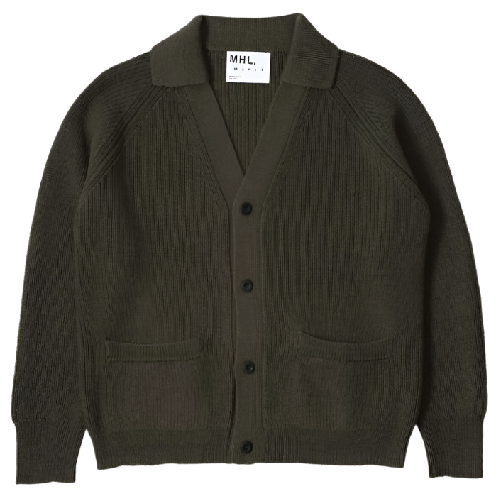 MHL Collared Cardigan Virgin Wool Dark Olive