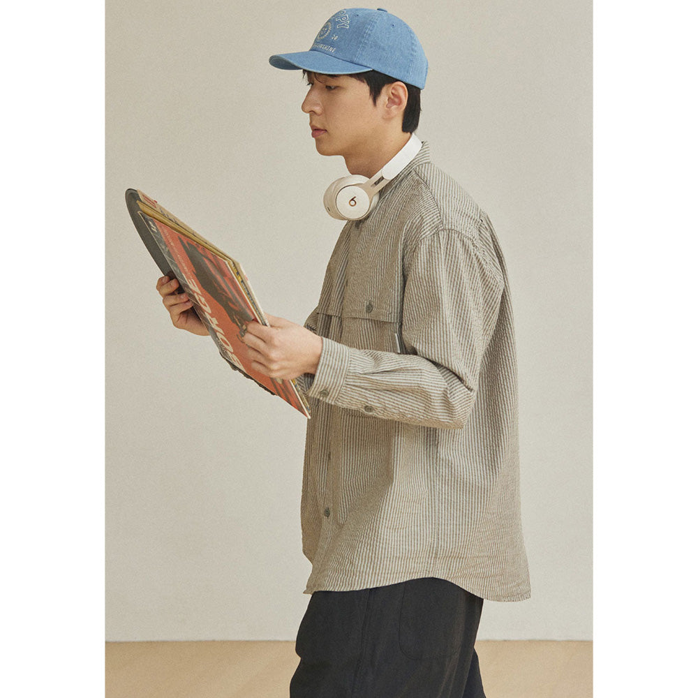 Kappy Design Stripe Pocket Work Shirt Khaki