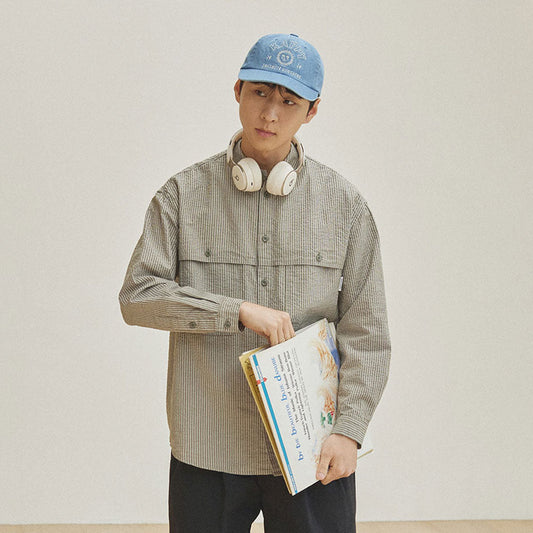 Kappy Design Stripe Pocket Work Shirt Khaki