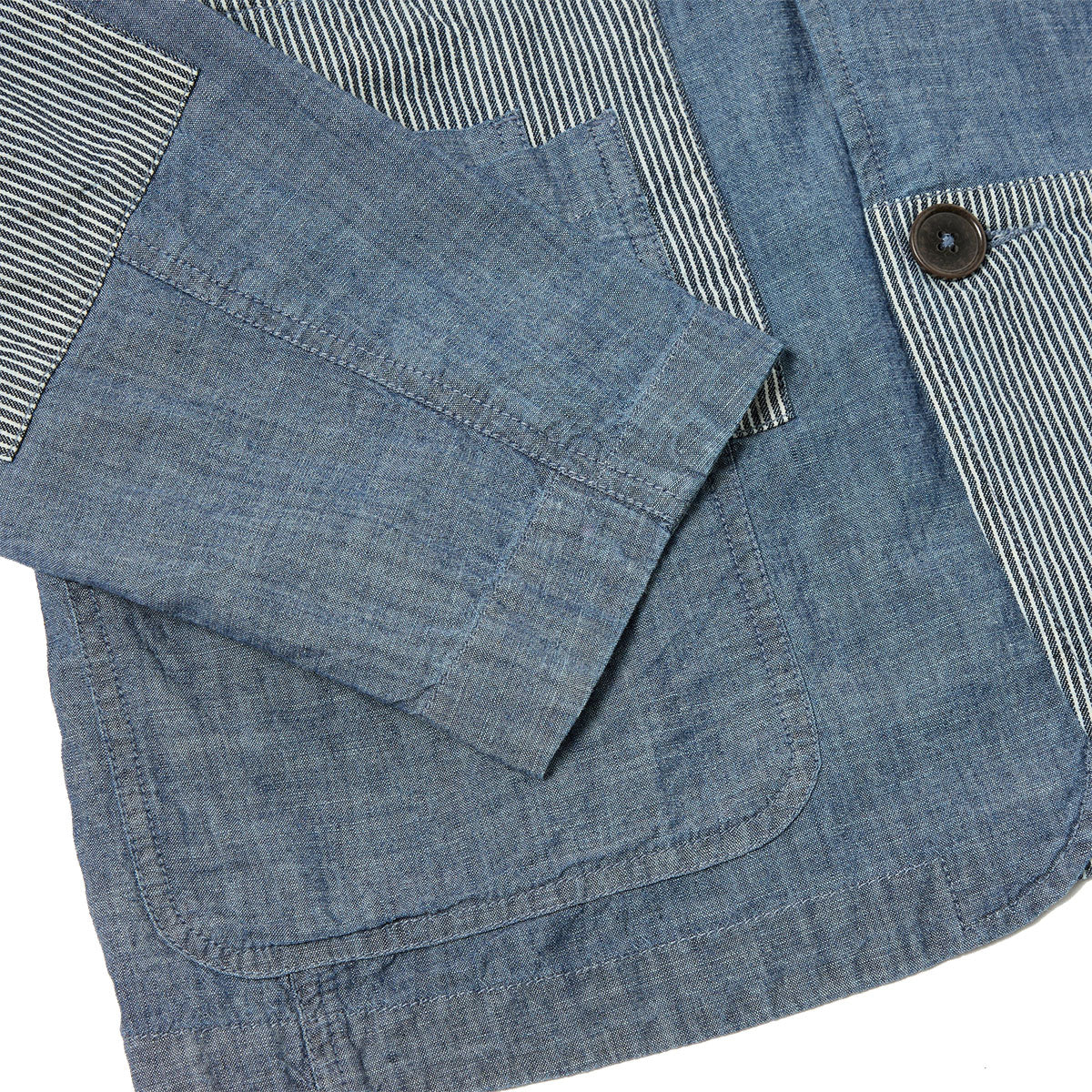 Universal Works Chambray / Hickory Patched Bakers Jacket Indigo