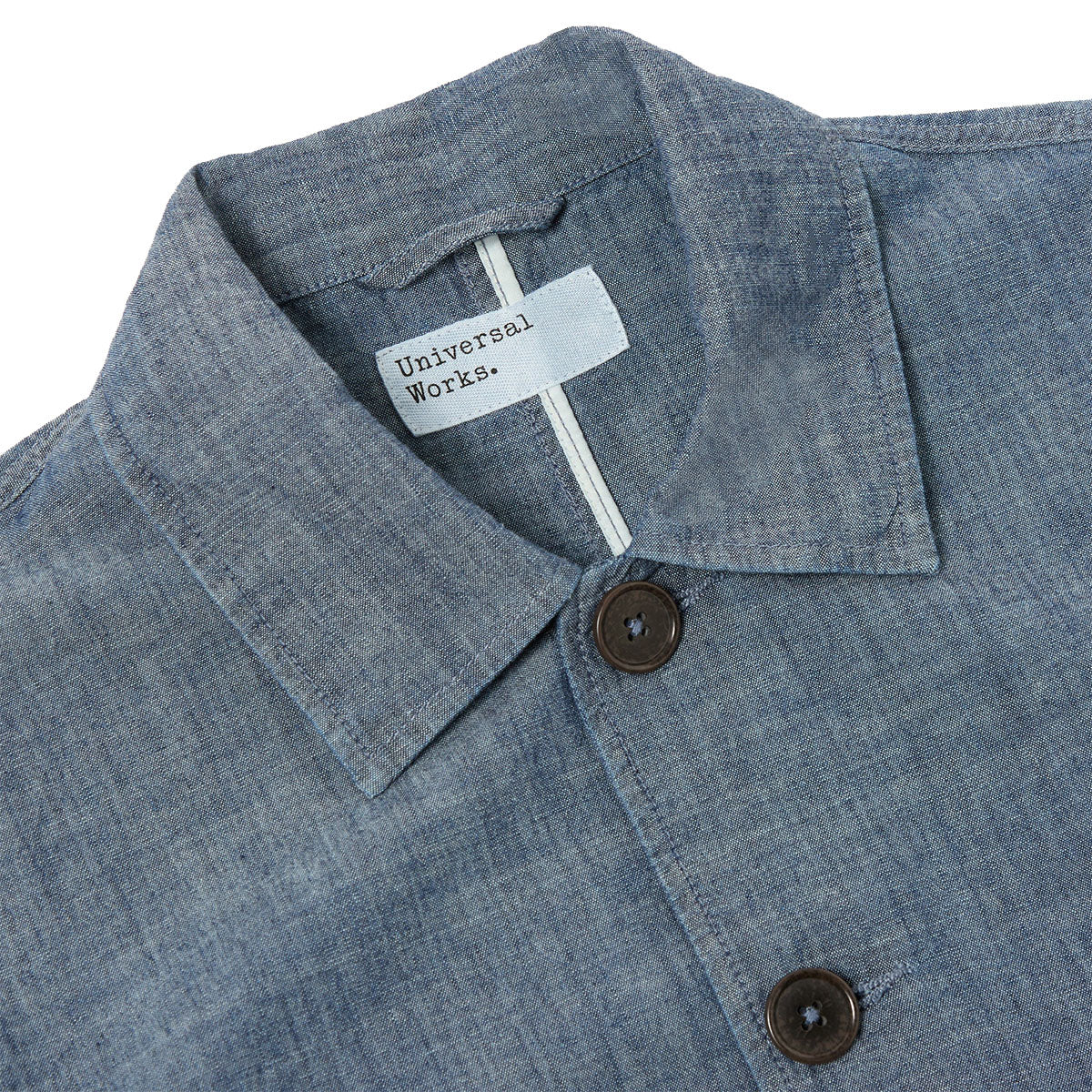 Universal Works Chambray / Hickory Patched Bakers Jacket Indigo