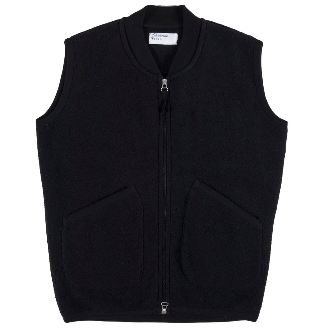 Universal Works Wool Fleece Zip Waistcoat Black