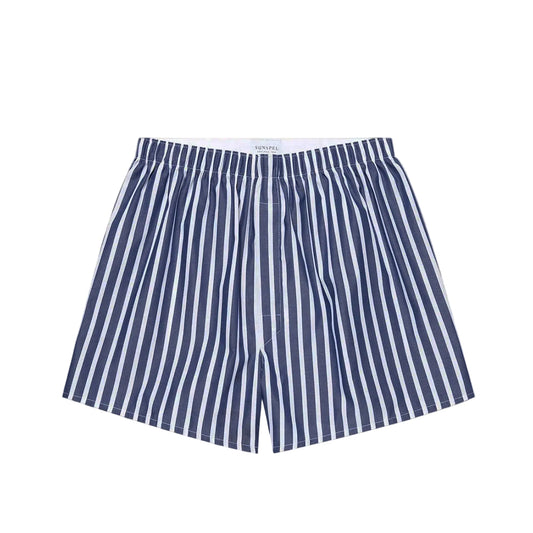 Sunspel Classic Boxer Shorts Navy / White Wide Stripe