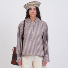 Load image into Gallery viewer, Cawley Studio Japanese Striped Shirting Brookes Shirt Natural/Blue/Brown
