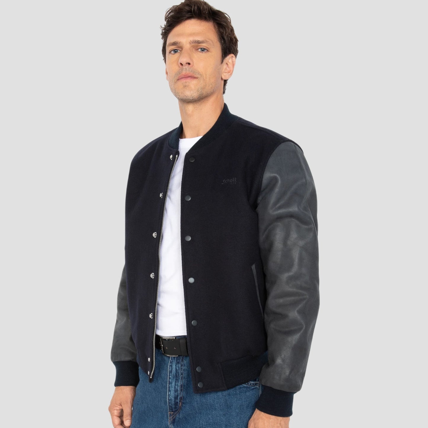 Schott LCUSA Leather/Wool Varsity Jacket Navy/Navy