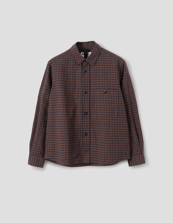 MHL Overall Shirt Irregular Cotton Linen Gingham  Chestnut / Ink