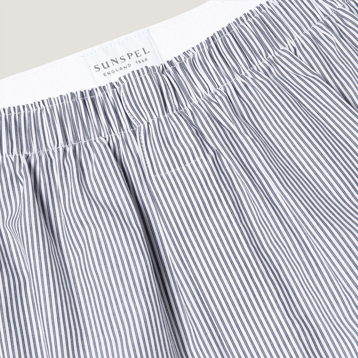 Sunspel Cotton Poplin Boxer Short White/Navy Pinstripe