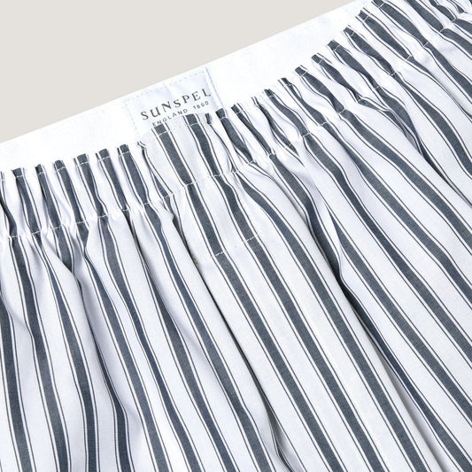Sunspel Classic Boxer Shorts Navy Broken Bar Stripe