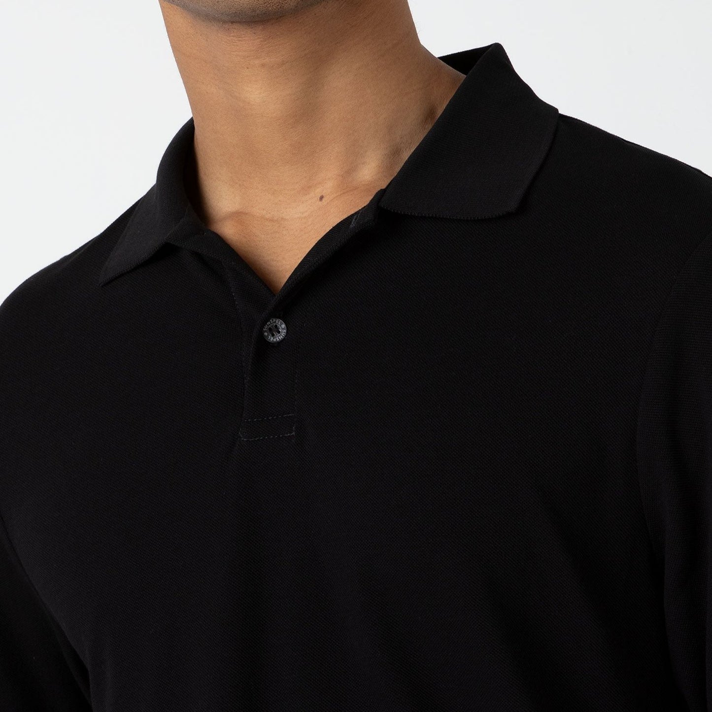 Sunspel Long Sleeve Piqué Polo Shirt Black