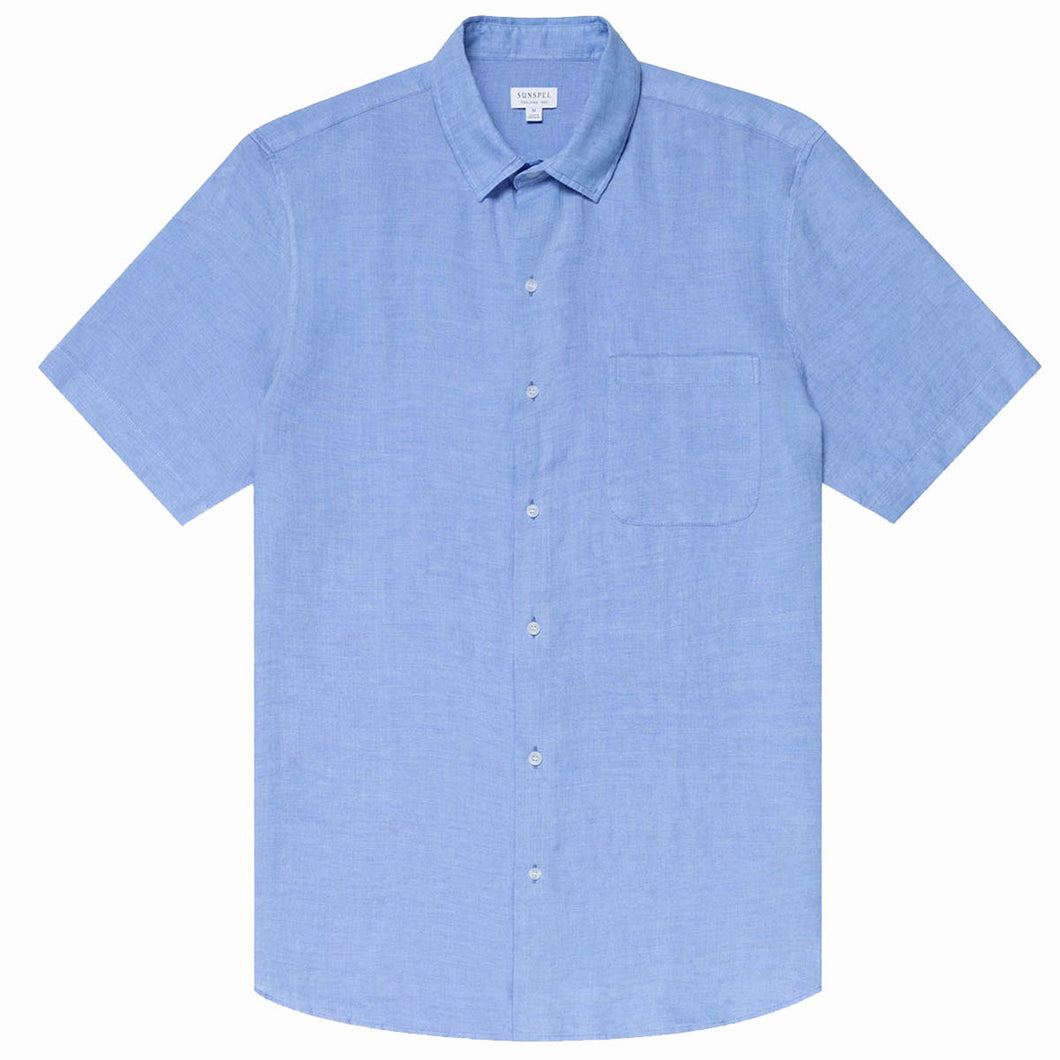 Sunspel Short Sleeve Linen Shirt Cool Blue