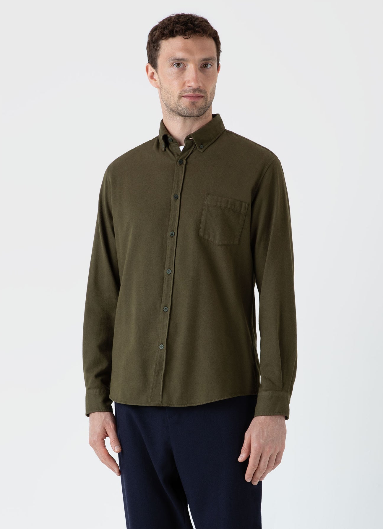 Sunspel Brushed Cotton Flannel Shirt Dark Olive