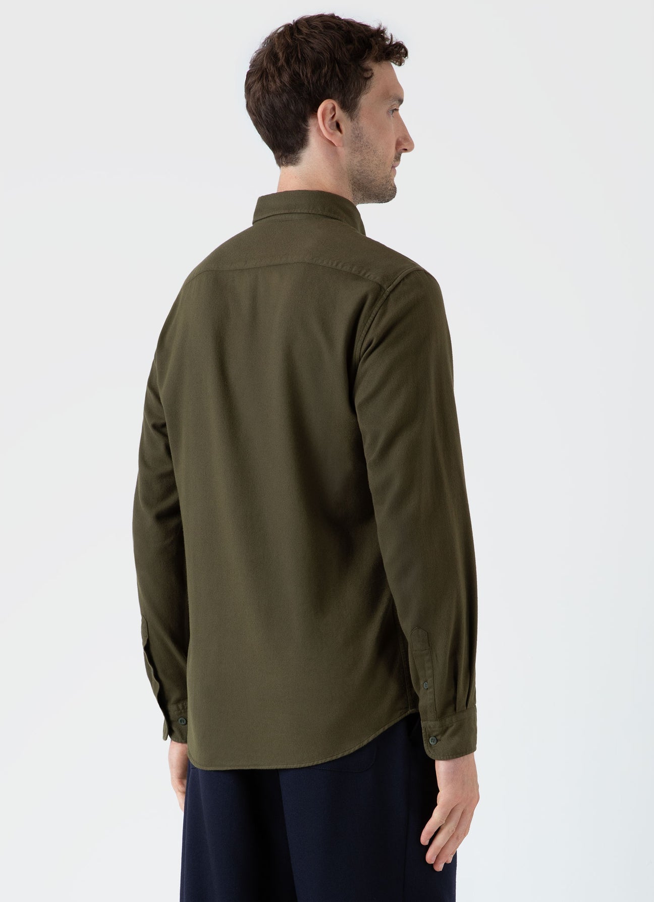 Sunspel Brushed Cotton Flannel Shirt Dark Olive
