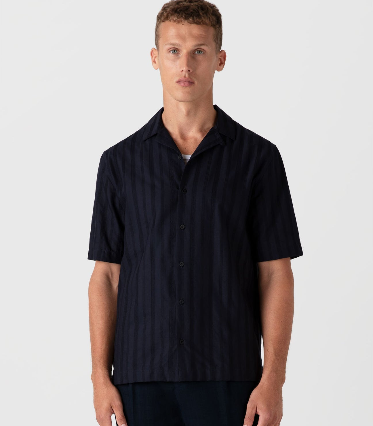 Sunspel SS Embroidered Stripe Camp Collar Shirt Navy