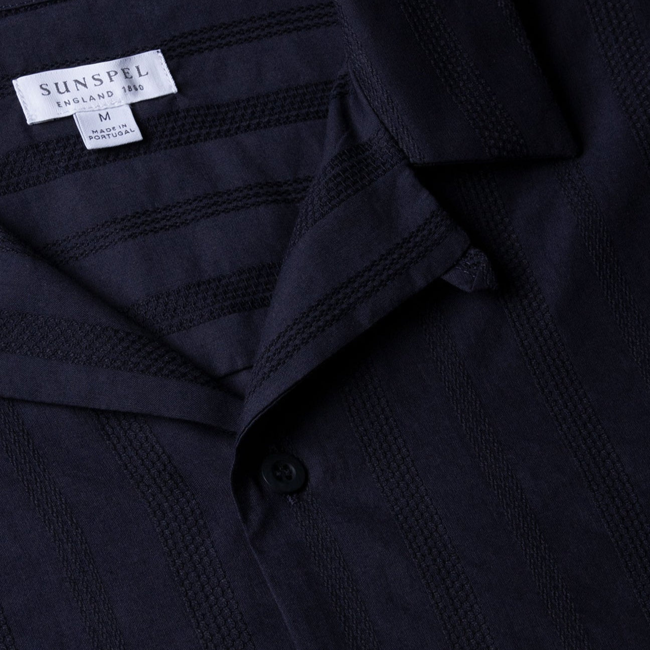 Sunspel SS Embroidered Stripe Camp Collar Shirt Navy