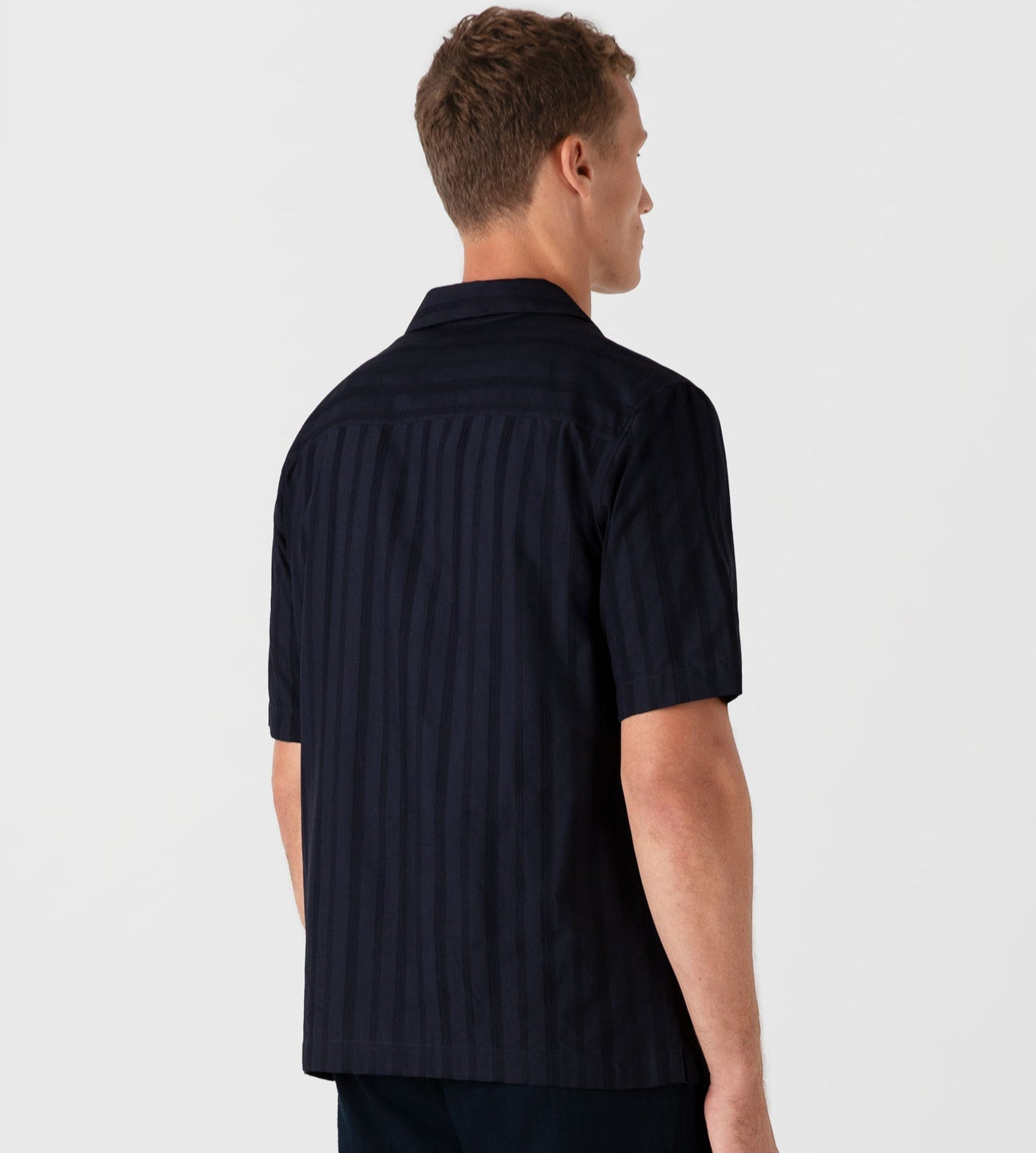 Sunspel SS Embroidered Stripe Camp Collar Shirt Navy