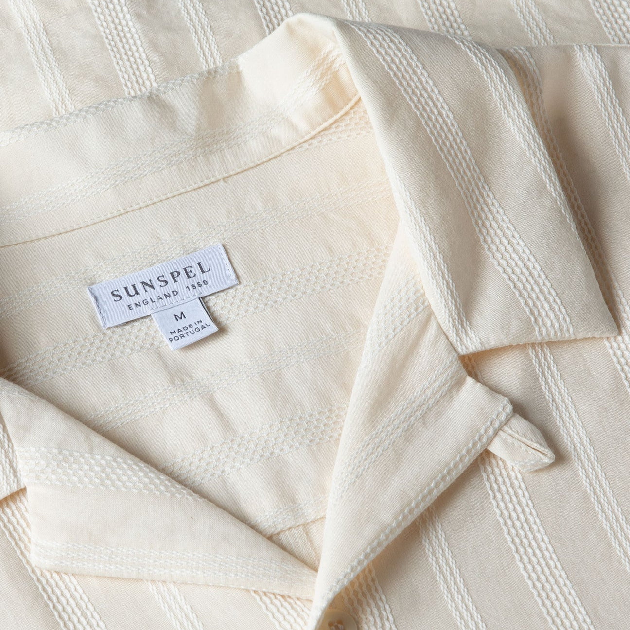 Sunspel SS Embroidered Stripe Camp Collar Shirt Ecru
