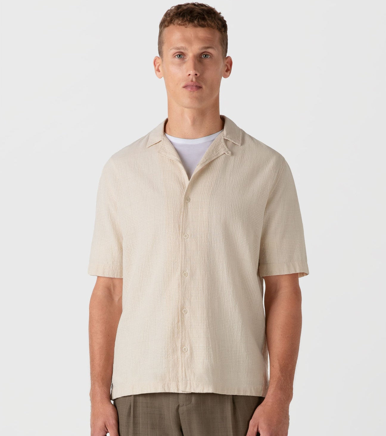 Sunspel Loose Weave Check Camp Collar Shirt Ecru