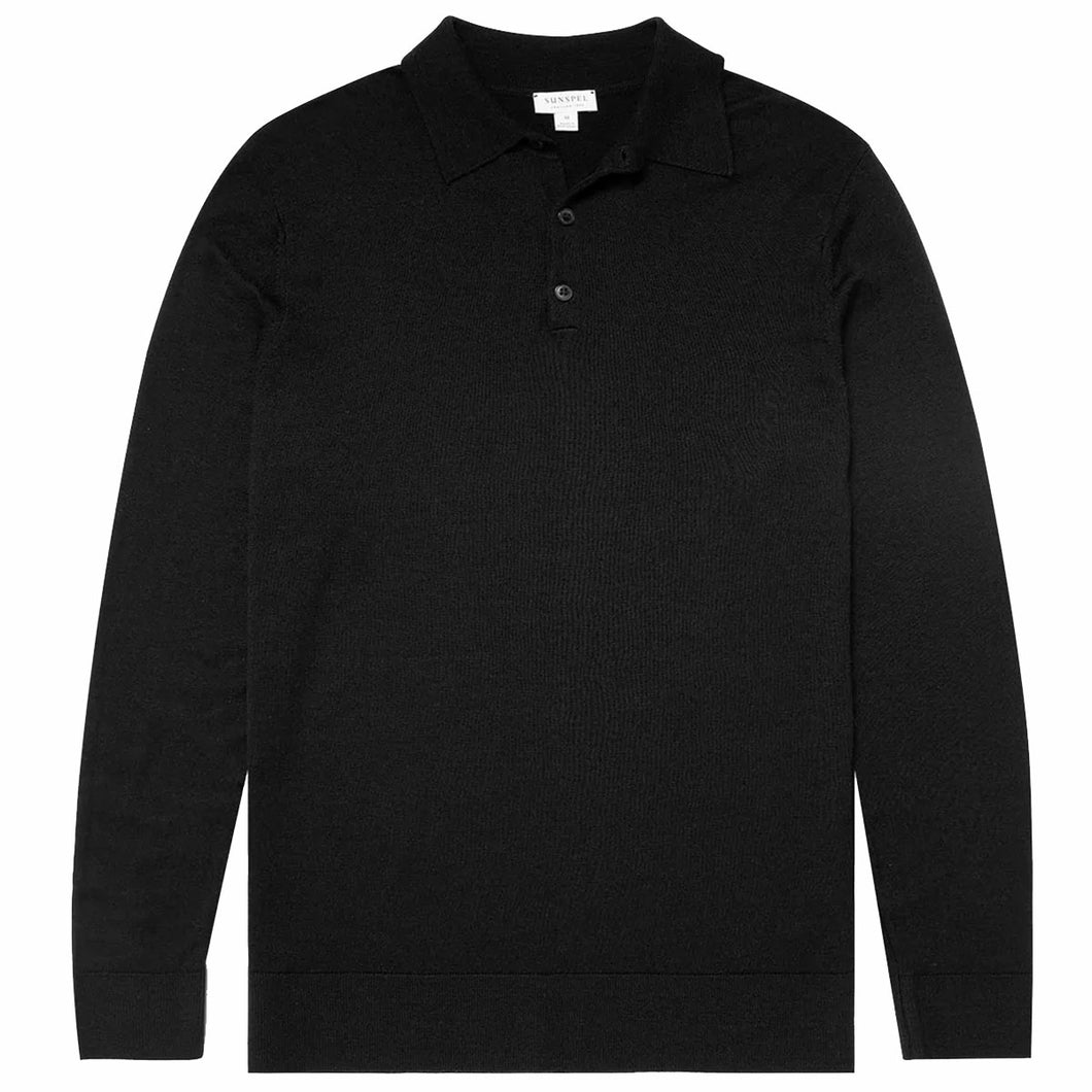 Sunspel Fine Merino Wool Polo Shirt Black