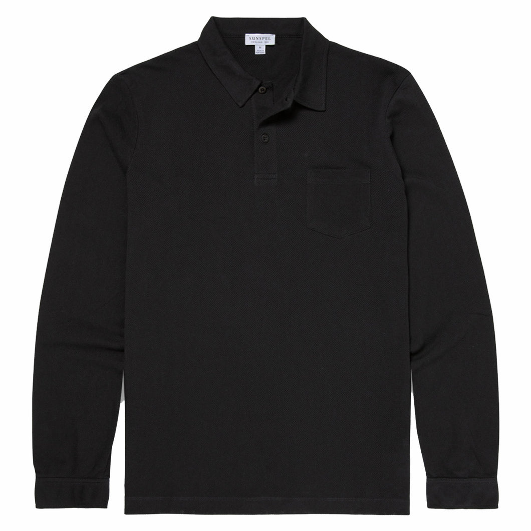 Sunspel Cotton Riviera Long Sleeve Polo Shirt Black